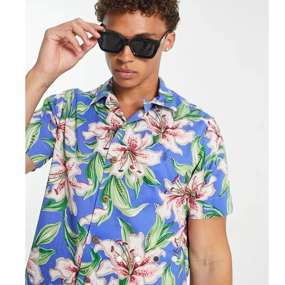Polo Ralph Lauren Camp Short Sleeve Shirt Blue Floral Lily Cotton Men's Small